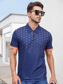 Manfinity Homme 男士波點圖案拼接邊POLO衫 - 藏蓝色 - 查看 1