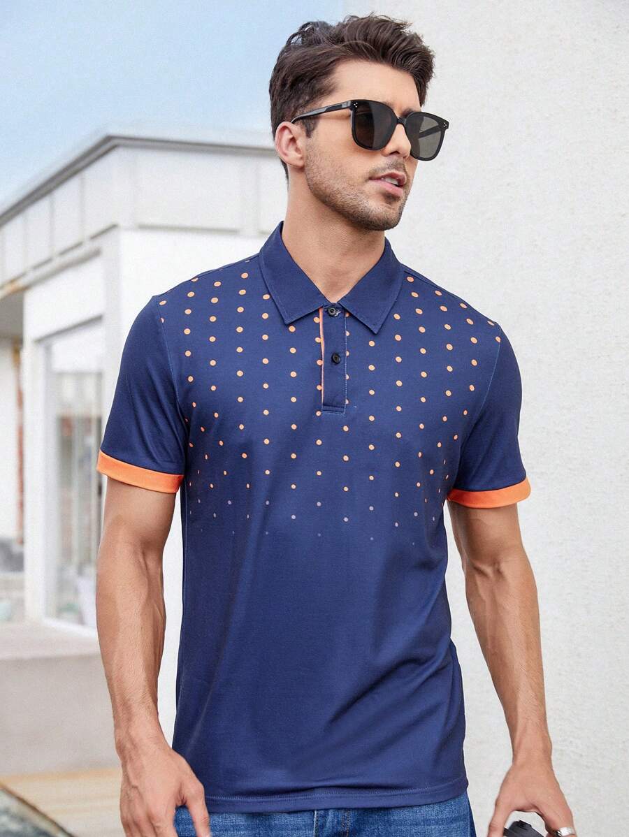 Manfinity Homme 男士波點圖案拼接邊POLO衫 - 藏蓝色 - 查看 1