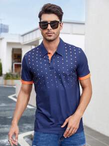 Manfinity Homme 男士波點圖案拼接邊POLO衫 - 藏蓝色 - 查看 3