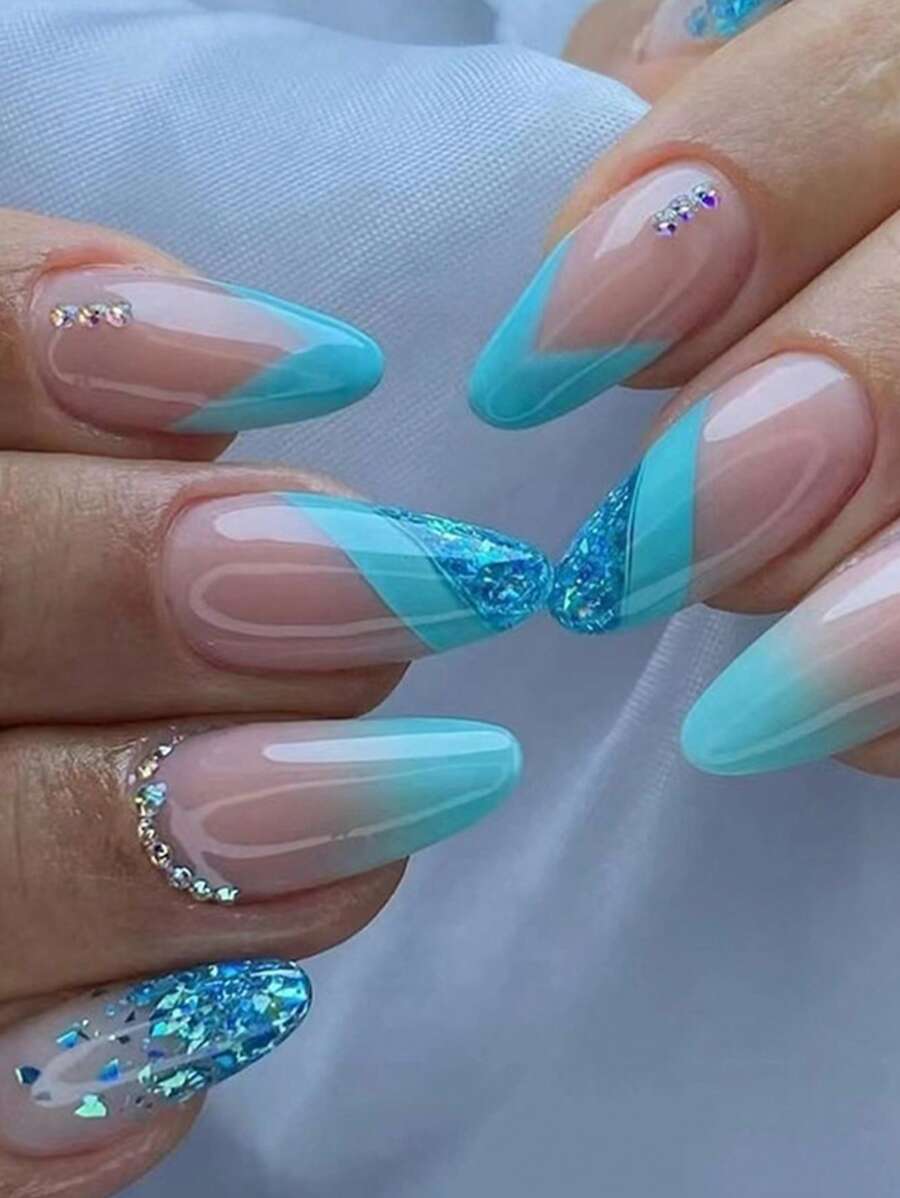 Elevate Your Style With 24pcs Long Almond Blue French Glitter Rhinestones Style Fake Nail & 1pc Nail File & 1sheet Tape Nails - Multicolor - View 1