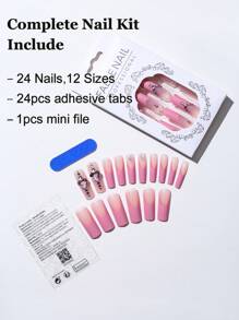 24 件长方形 3D 粉色法式水钻心形装饰假指甲、1 件指甲锉和 1 片胶带，打造迷人指甲，美甲用品 - 彩色 - 查看 2