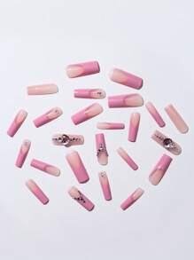 24 件长方形 3D 粉色法式水钻心形装饰假指甲、1 件指甲锉和 1 片胶带，打造迷人指甲，美甲用品 - 彩色 - 查看 3