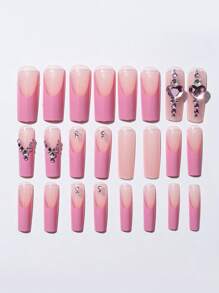 24 件长方形 3D 粉色法式水钻心形装饰假指甲、1 件指甲锉和 1 片胶带，打造迷人指甲，美甲用品 - 彩色 - 查看 4