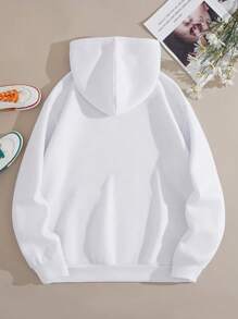 SHEIN EZwear Letter Graphic Kangaroo Pocket Drawstring Thermal Hoodie - White - View 2