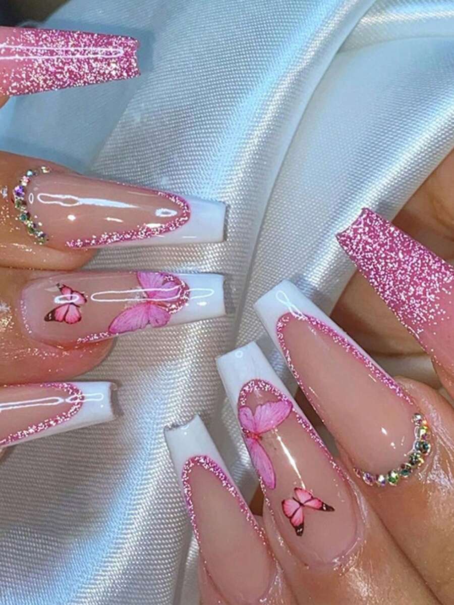 Get Glamorous With 24pcs Long Coffin Glitter Butterfly French Rhinestones Print Fake Nail & 1pc Nail File & 1sheet Tape Press On Nails Nail Supplies - Multicolor - View 1