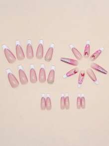 Get Glamorous With 24pcs Long Coffin Glitter Butterfly French Rhinestones Print Fake Nail & 1pc Nail File & 1sheet Tape Press On Nails Nail Supplies - Multicolor - View 3