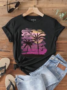 SHEIN Essnce Áo thun nữ Lá thư Nhiệt đới Giải trí - màu đen - Xem 1