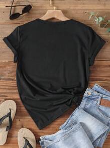 SHEIN Essnce Áo thun nữ Lá thư Nhiệt đới Giải trí - màu đen - Xem 2