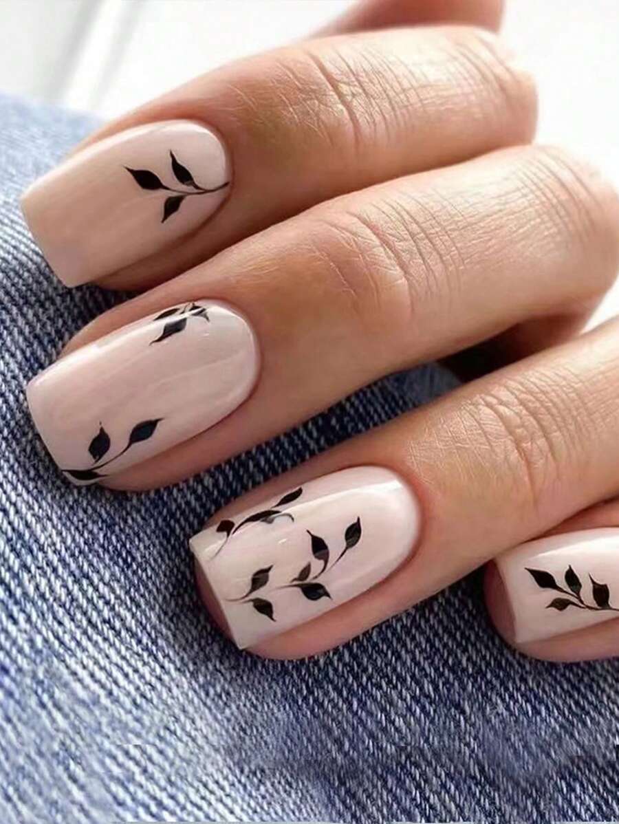 24 chiếc Móng Vuông Ngắn In Hình Lá Móng Tay Giả & 1 Dũa Móng Tay & 1 Tấm Băng Keo - Nhiều màu - Xem 1