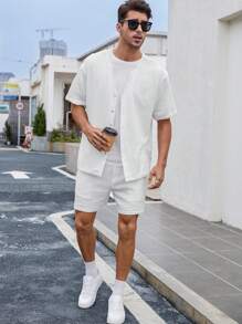 Manfinity Homme 男士純色正面紐扣超大襯衫和短褲 - 白色 - 查看 7