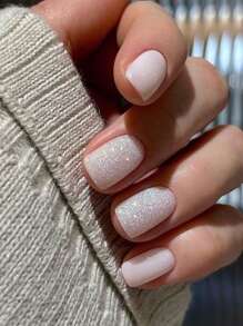 Get Glamorous with 24pcs Short Square White Glitter Fake Nail & 1pc Nail File & 1sheet Tape