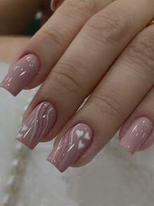 用 24 件短方形简单爱心图案线条心形印花假指甲、1 件指甲锉和 1 片胶带提升您的风格，按压指甲美甲用品 - 彩色 - 查看 1