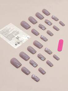 用 24 件短方形简单爱心图案线条心形印花假指甲、1 件指甲锉和 1 片胶带提升您的风格，按压指甲美甲用品 - 彩色 - 查看 2