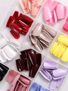 立即升級您造型288入組多色素色混合光澤表面小棺材假指甲DIY藝術可拆卸可重複使用推釘 - 彩色 - 查看 2