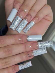 使用24入組長方形抽象線條設計法式風格假指甲和1入組指甲銼和1張膠帶打造迷人魅力 - 彩色 - 查看 1