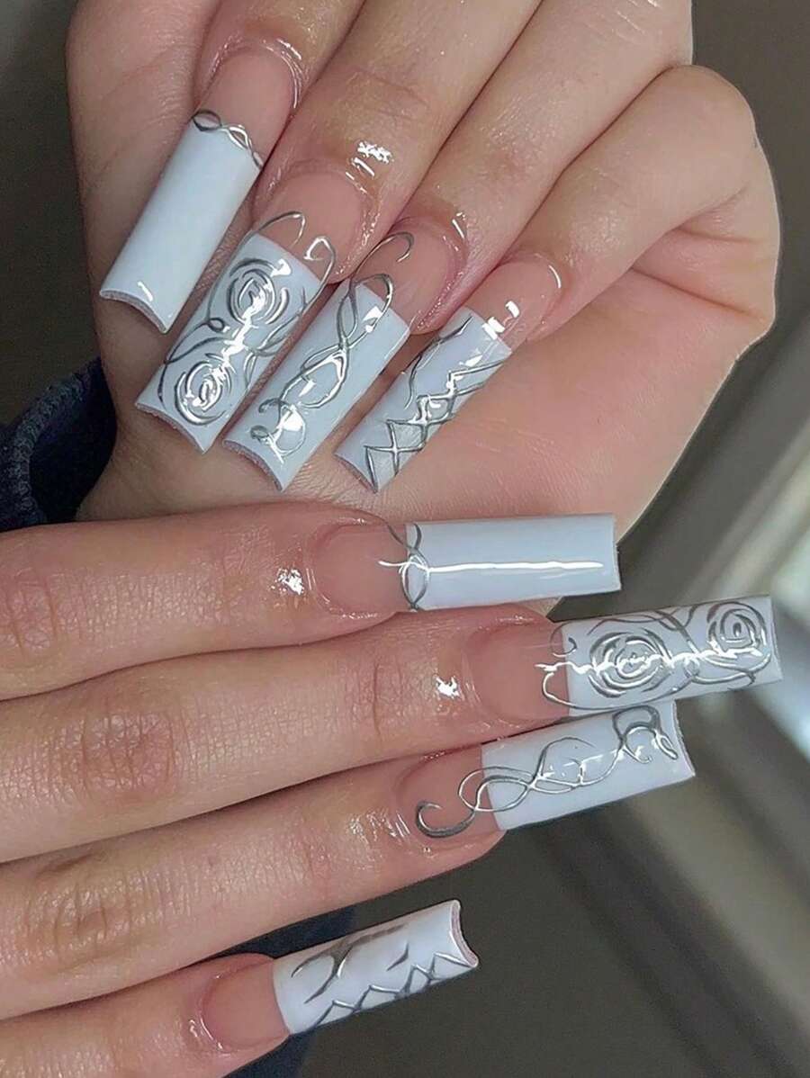 使用24入組長方形抽象線條設計法式風格假指甲和1入組指甲銼和1張膠帶打造迷人魅力 - 彩色 - 查看 1