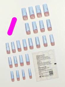 使用24入組長方形抽象線條設計法式風格假指甲和1入組指甲銼和1張膠帶打造迷人魅力 - 彩色 - 查看 2