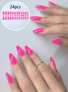 Instantly Upgrade Your Look With 24pcs Long Almond Solid Full Cover Fake Nail Kit - Hot Pink - View 1