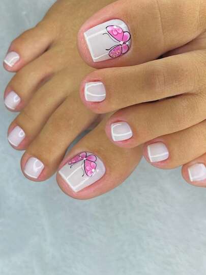 用24片装短方形蝴蝶图案全覆盖假脚趾甲套装表达你的爱意