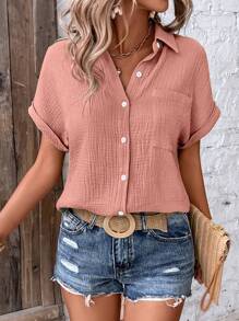 SHEIN LUNE Batwing Sleeve Pocket Patched Shirt - Dusty Pink - View 4