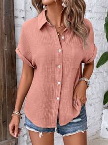 SHEIN LUNE Batwing Sleeve Pocket Patched Shirt - Dusty Pink - View 5