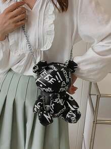 迷你字母图案熊设计新奇包链装饰时尚涂鸦熊设计包，时尚斜挎链条包，女士购物拉链收纳包，完美最佳趣味新奇和恶作剧礼物 - 黑色 - 查看 2