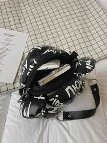 迷你字母图案熊设计新奇包链装饰时尚涂鸦熊设计包，时尚斜挎链条包，女士购物拉链收纳包，完美最佳趣味新奇和恶作剧礼物 - 黑色 - 查看 3