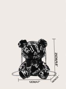迷你字母图案熊设计新奇包链装饰时尚涂鸦熊设计包，时尚斜挎链条包，女士购物拉链收纳包，完美最佳趣味新奇和恶作剧礼物 - 黑色 - 查看 4