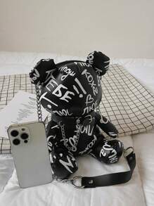 迷你字母图案熊设计新奇包链装饰时尚涂鸦熊设计包，时尚斜挎链条包，女士购物拉链收纳包，完美最佳趣味新奇和恶作剧礼物 - 黑色 - 查看 5