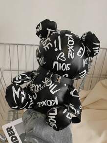 迷你字母图案熊设计新奇包链装饰时尚涂鸦熊设计包，时尚斜挎链条包，女士购物拉链收纳包，完美最佳趣味新奇和恶作剧礼物 - 黑色 - 查看 6