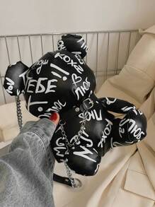 迷你字母图案熊设计新奇包链装饰时尚涂鸦熊设计包，时尚斜挎链条包，女士购物拉链收纳包，完美最佳趣味新奇和恶作剧礼物 - 黑色 - 查看 7