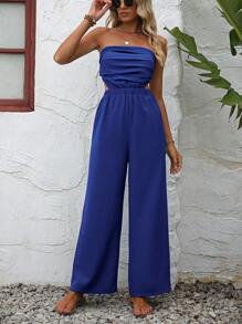 SHEIN LUNE Áo liền quần nữ Lộ Lưng Xù màu trơn Giải trí - Màu xanh lam - Xem 5