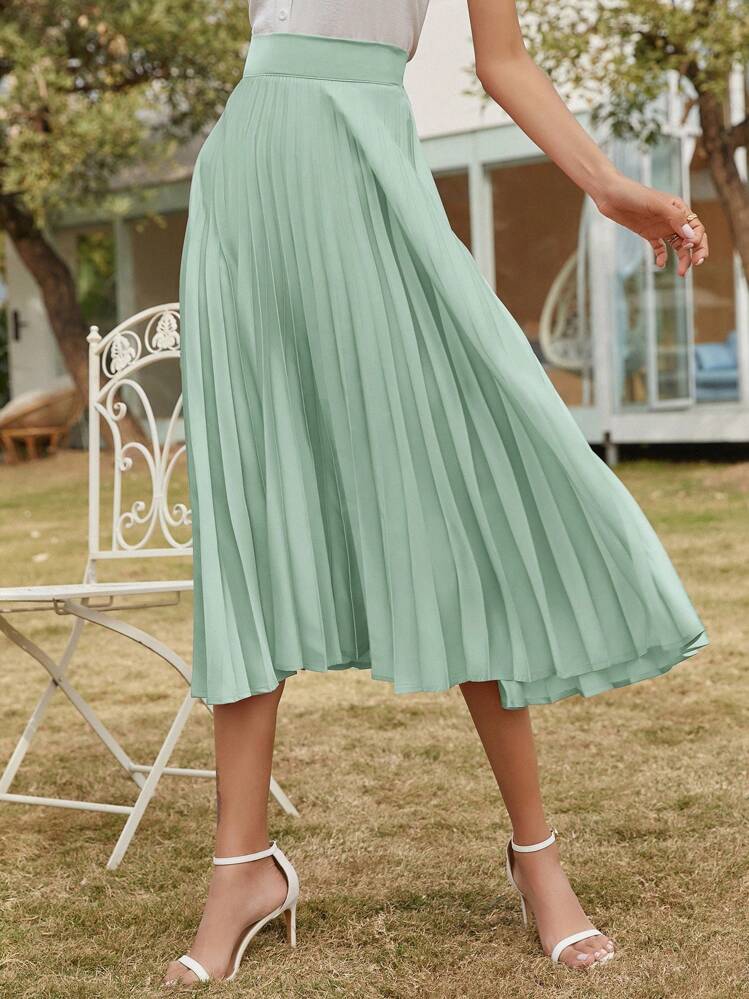 SHEIN Frenchy Jupe Plissée Unicolore - Vert - Voir 5