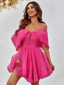 Off Shoulder Mesh Overlay Party Dress - Pink - View 1