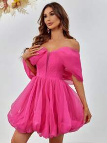 Off Shoulder Mesh Overlay Party Dress - Pink - View 4