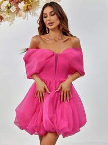 Off Shoulder Mesh Overlay Party Dress - Pink - View 5
