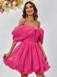 Off Shoulder Mesh Overlay Party Dress - Pink - View 6