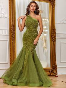 Elegant One Shoulder Sparkly Sequin Connect Mesh Maxi Mermaid Hem Formal Dress For Women - Olive Green - View 4
