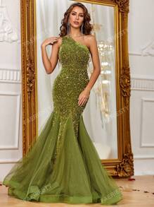 Vestido formal elegante con un hombro, dobladillo de malla y lentejuelas, ideal para graduaciones, cenas y eventos de gala como bodas y fiestas de graduación