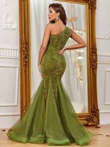 Elegant One Shoulder Sparkly Sequin Connect Mesh Maxi Mermaid Hem Formal Dress For Women - Olive Green - View 2