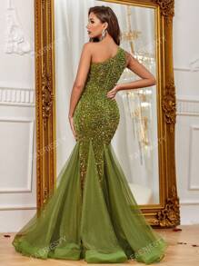 Vestido formal elegante con un hombro, dobladillo de malla y lentejuelas, ideal para graduaciones, cenas y eventos de gala como bodas y fiestas de graduación