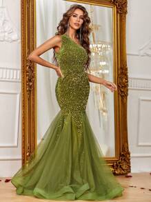 Elegant One Shoulder Sparkly Sequin Connect Mesh Maxi Mermaid Hem Formal Dress For Women - Olive Green - View 3