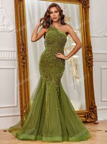 Vestido formal elegante con un hombro, dobladillo de malla y lentejuelas, ideal para graduaciones, cenas y eventos de gala como bodas y fiestas de graduación