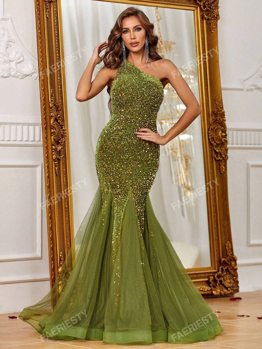 Vestido formal elegante con un hombro, dobladillo de malla y lentejuelas, ideal para graduaciones, cenas y eventos de gala como bodas y fiestas de graduación