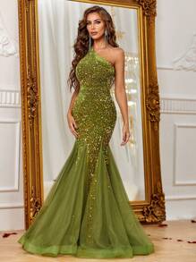 Elegant One Shoulder Sparkly Sequin Connect Mesh Maxi Mermaid Hem Formal Dress For Women - Olive Green - View 5