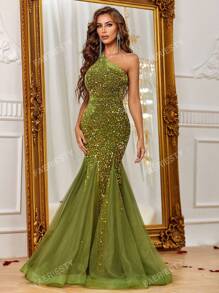 Vestido formal elegante con un hombro, dobladillo de malla y lentejuelas, ideal para graduaciones, cenas y eventos de gala como bodas y fiestas de graduación