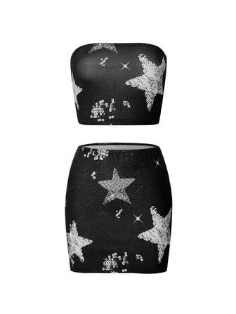 Star Print Crop Tube Top & Bodycon Skirt