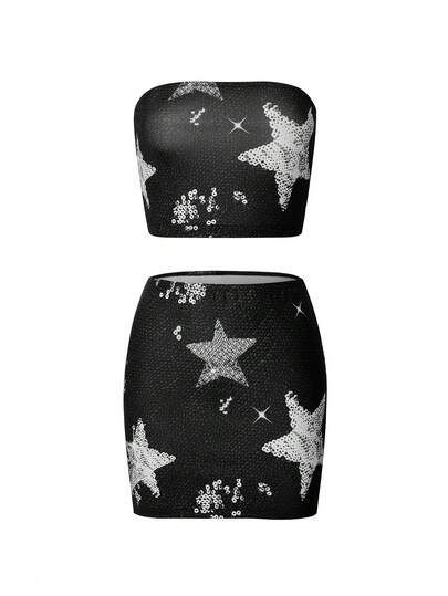 Star Print Crop Tube Top & Bodycon Skirt