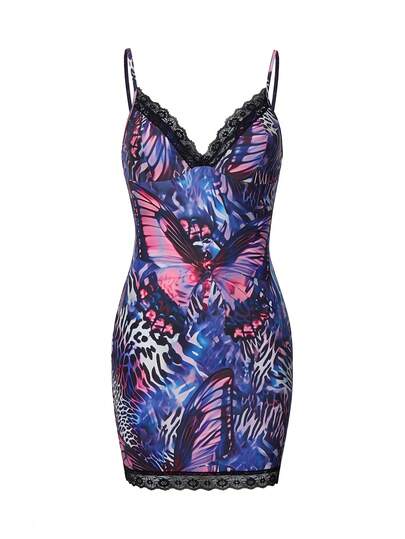 Butterfly Print Contrast Lace Cami Dress