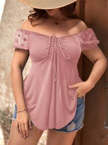 SHEIN Clasi Plus Off Shoulder Drawstring Front Curved Hem Tee - Dusty Pink - View 3